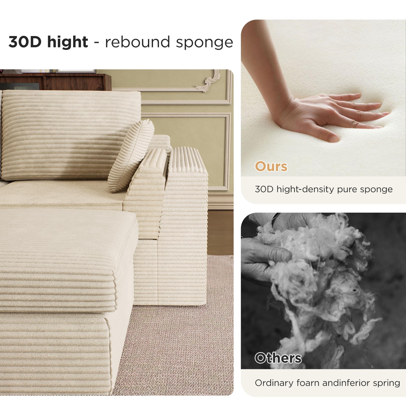 106.6 "L-shaped combination sofa chair with cushion, soft padded sofa, no assemb