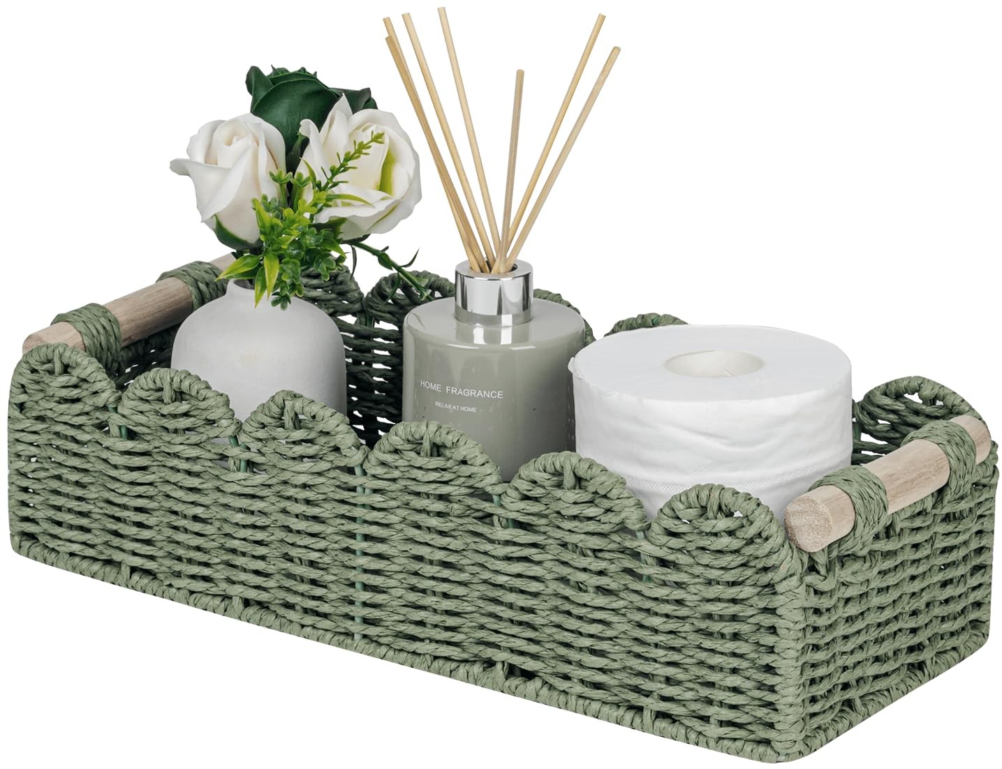 Toilet Paper Storage Basket Scalloped Edge Home Decor Green Basket, Living Ro...