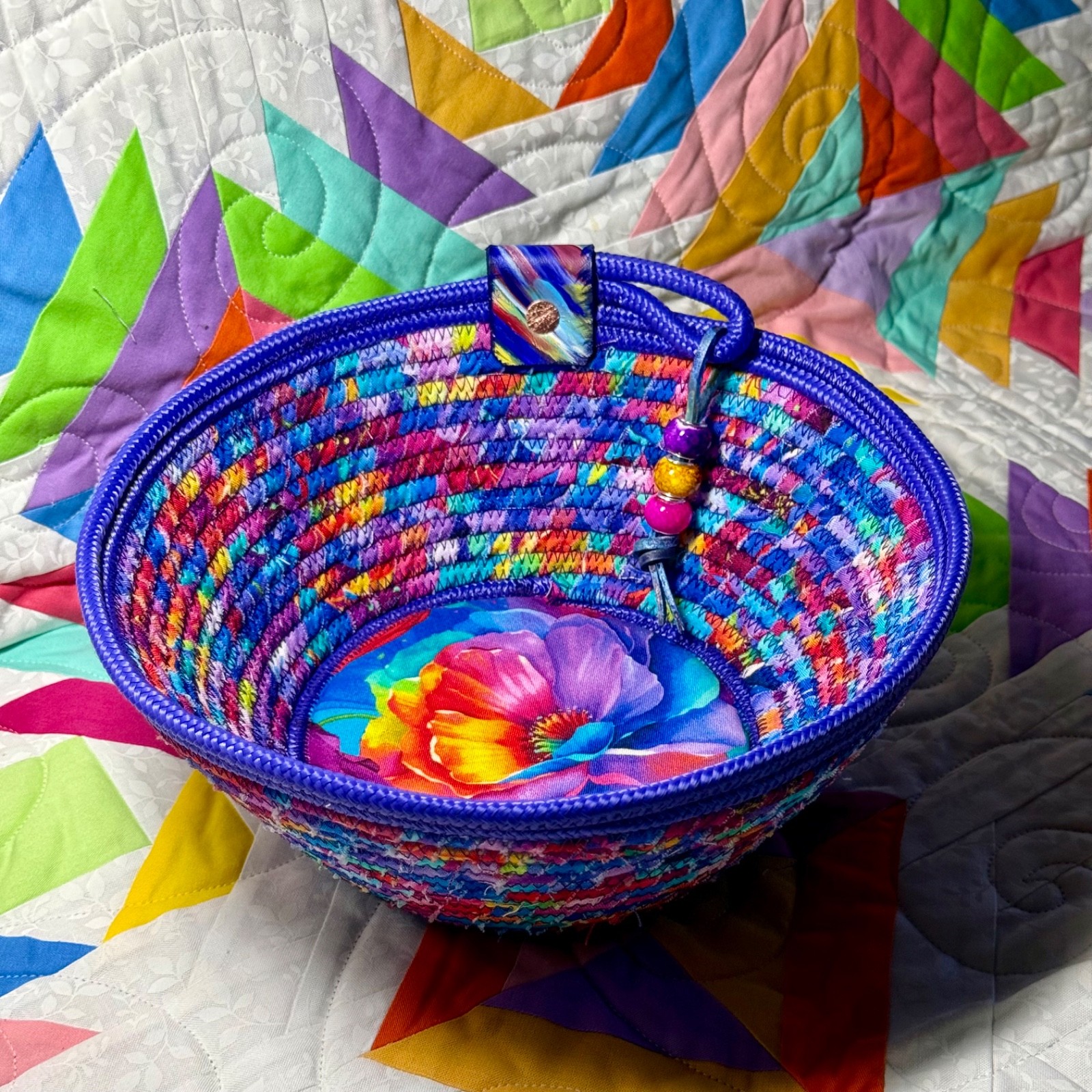 Handmade Fabric Wrapped Rope Bowl Flower Very Colorful Bright See Video And Pic