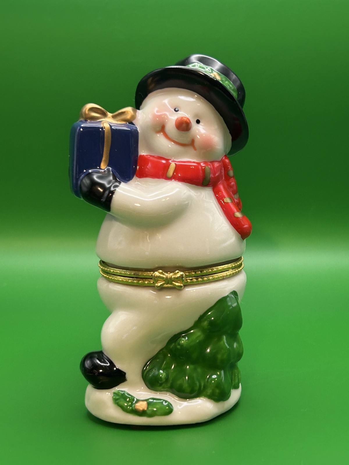 Snow Man Holding Present Trinket/Keepsake Box - Hinged to Open 4.5 inches tall