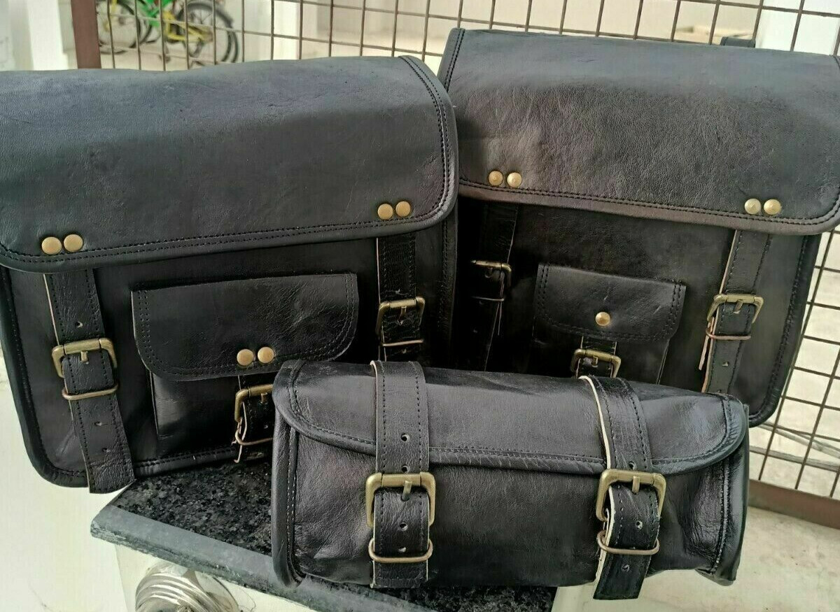 Leather Motorcycle Saddle 3 Bag 2 Side 1 Back Tool Pouch Luggage Bag Sportster