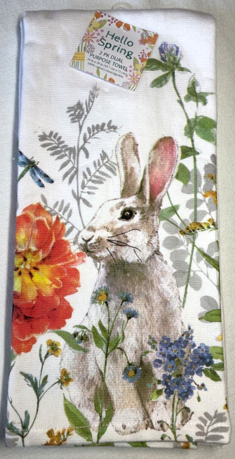 KAY DEE DESIGNS KITCHEN TOWELS (2) BUNNY RABBIT FLOWERS 100% COTTON 18 X 28 NIP