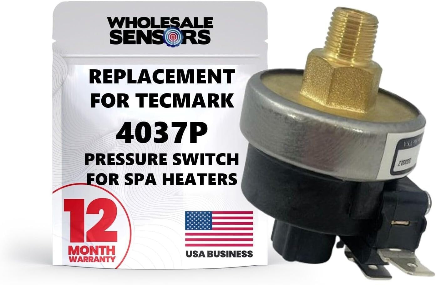 TecMark 4037P, 16A, 1/8"MNPT, SPST Pressure Switch Replacement for Spa Heaters
