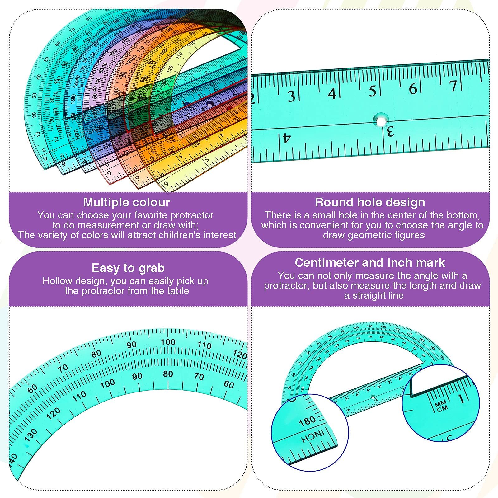 12 Pack 6 Inch Plastic Protractor 180 Degrees Angle Measurement for School