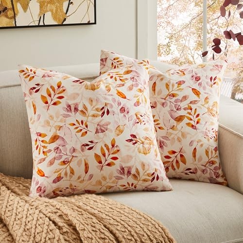 100% Cotton Fall Pillow Covers Set of 2, 18x18 Inch 18" x 18" (Pack of 2)