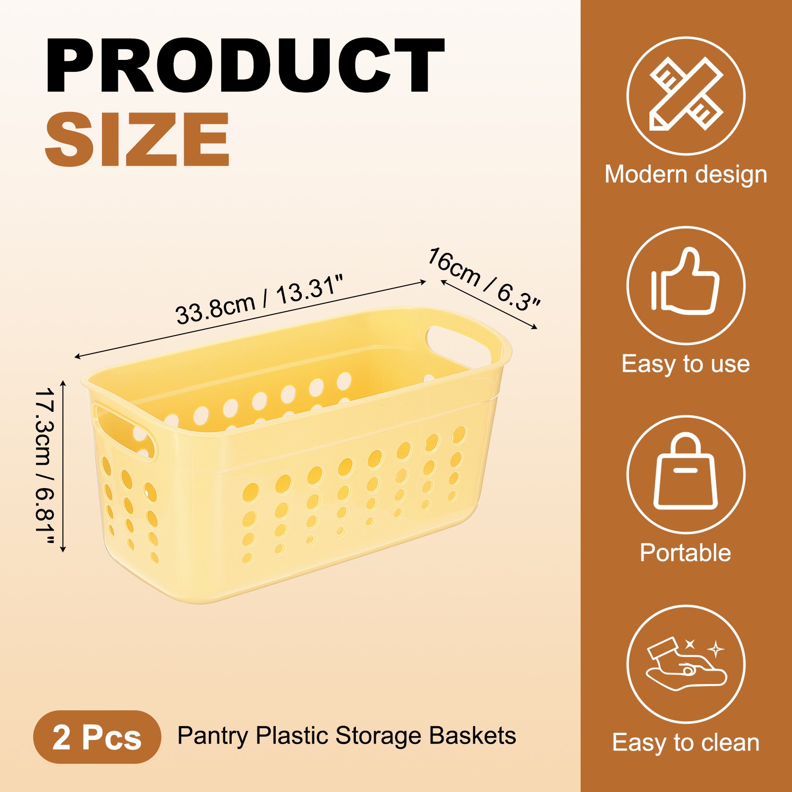 2Pack 13.31x6.81x6.3" Pantry Plastic Storage Baskets Yellow