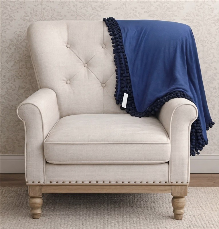 NWT Michael Stars 60" x 60" Pom Pom Trim Blanket Wrap Scarf Navy Blue 130768