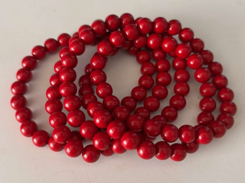 Hand Crafted Stack Of Five Red Lucite Bead Stretch Bracelets
