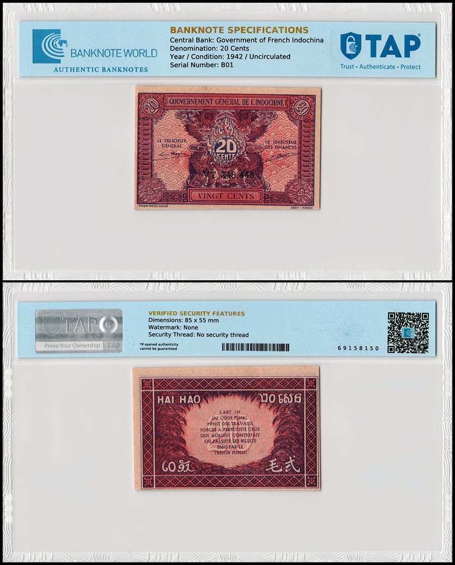 French Indo-China 20 Cents, 1942 ND, P-90, UNC, TAP Authenticated