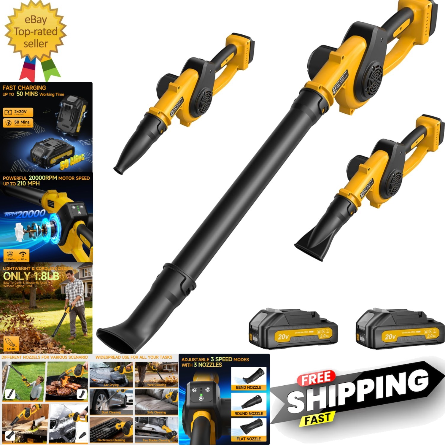 Leaf Blower Cordless with 2 Batteries and Fast Charger, 210 MPH Battery Power...
