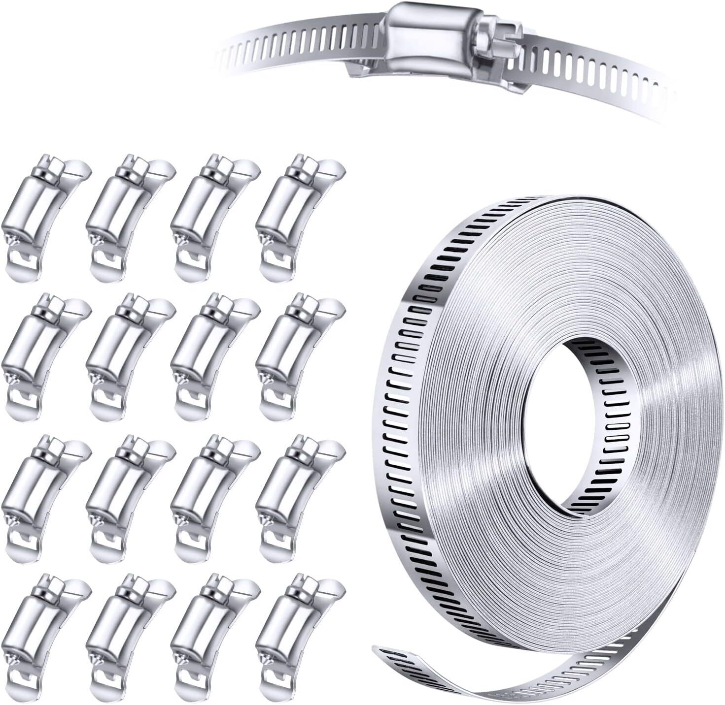 Large Stainless Steel Hose Clamps System Set Kit DIY, 30 FT Strap + 16 Fasteners