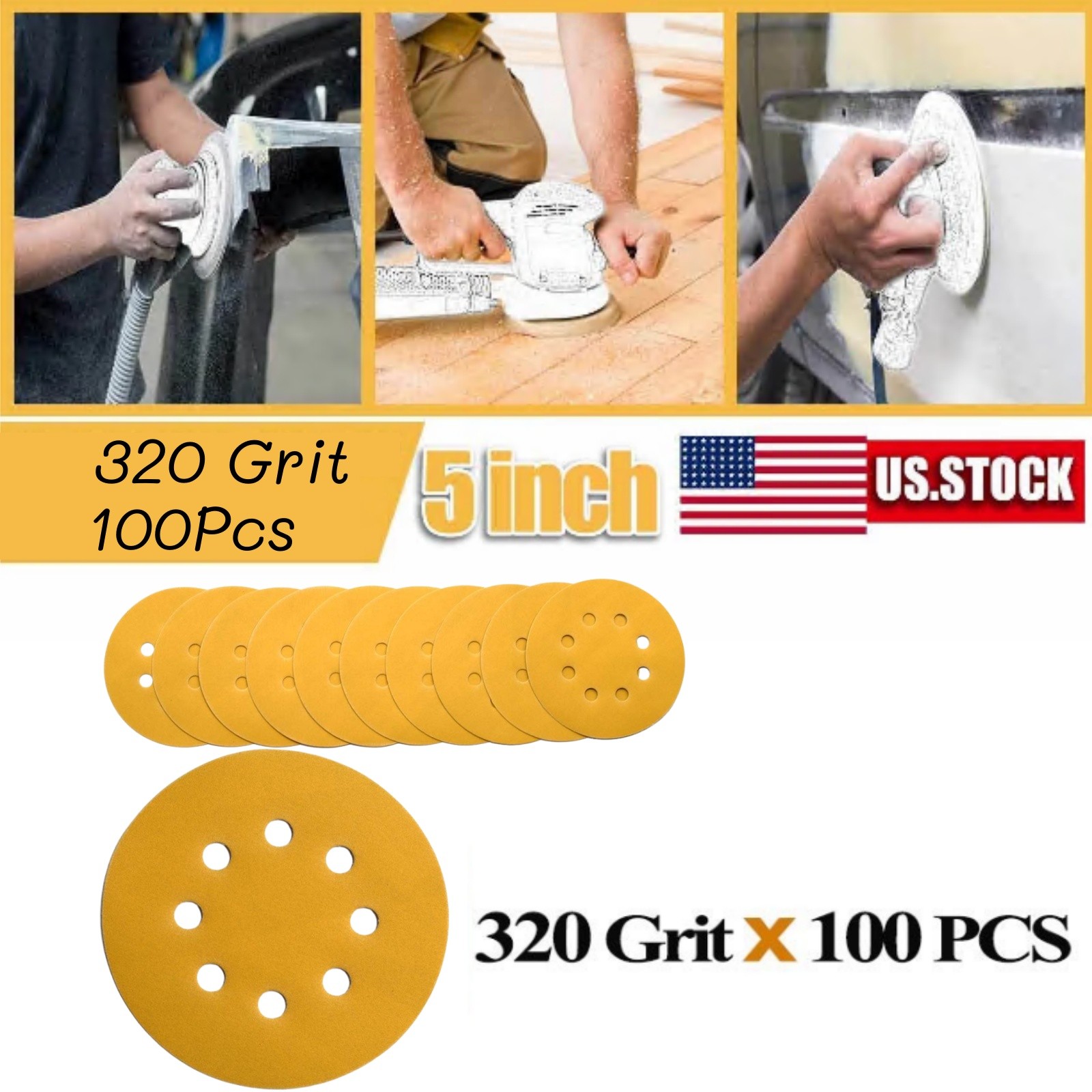 100 PCS 5in Sanding Discs 8-Hole Hook Loop Sander Orbital Sandpaper 320 Grit