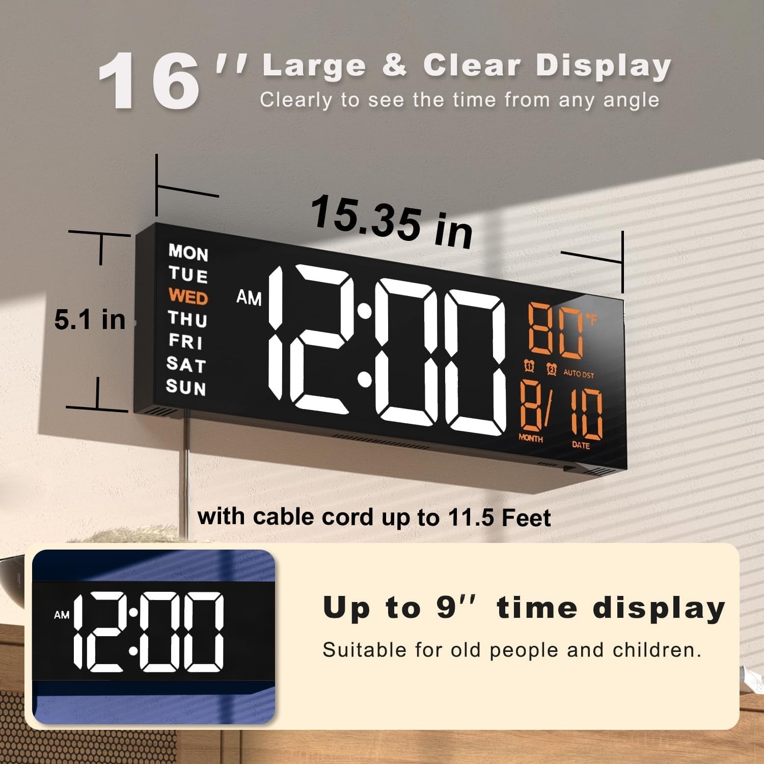 JALL 16" Large Digital Wall Mount Clock, Count Down Timer, Alarm, Big LED, RG...