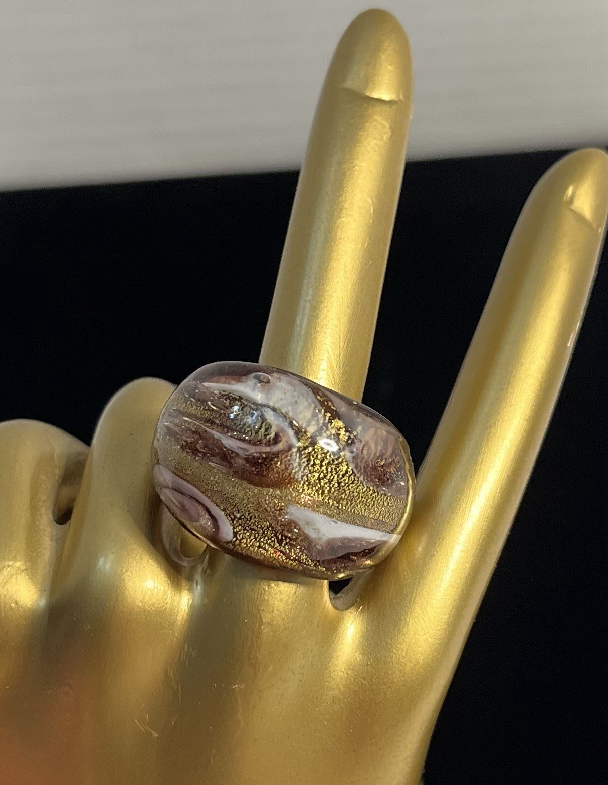 Art Glass Dome Statement Ring Purple/Gold/White Swirl Handcrafted Choose Size
