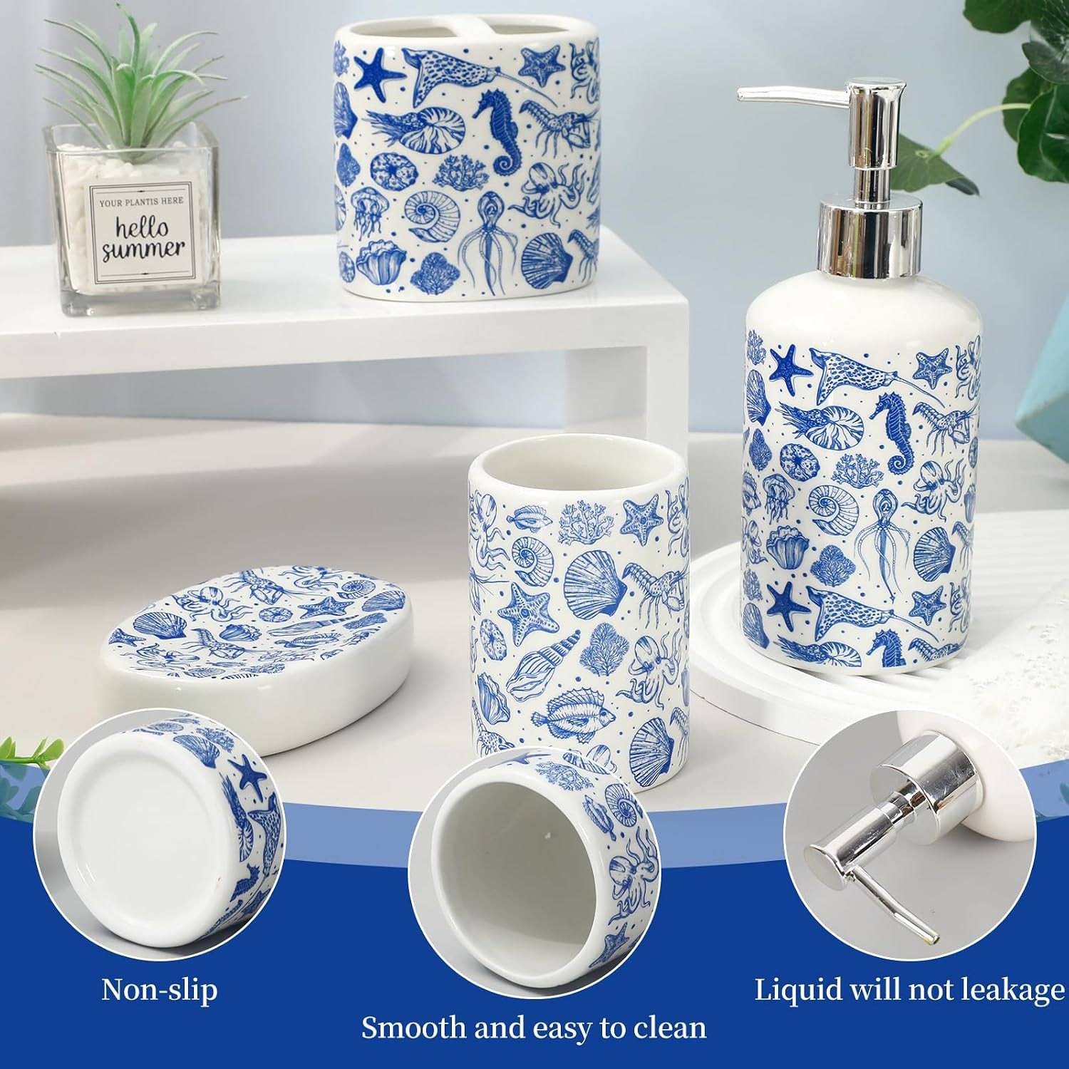 4Pcs Blue Beach Ceramic Bathroom Accessories Coastal Seashell