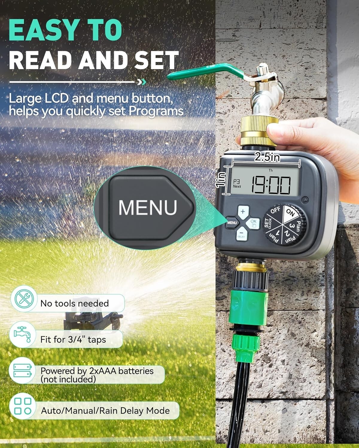 Sprinkler Timer with Brass Inlet and Outlet - Digital Hose Timer with 3 Programs
