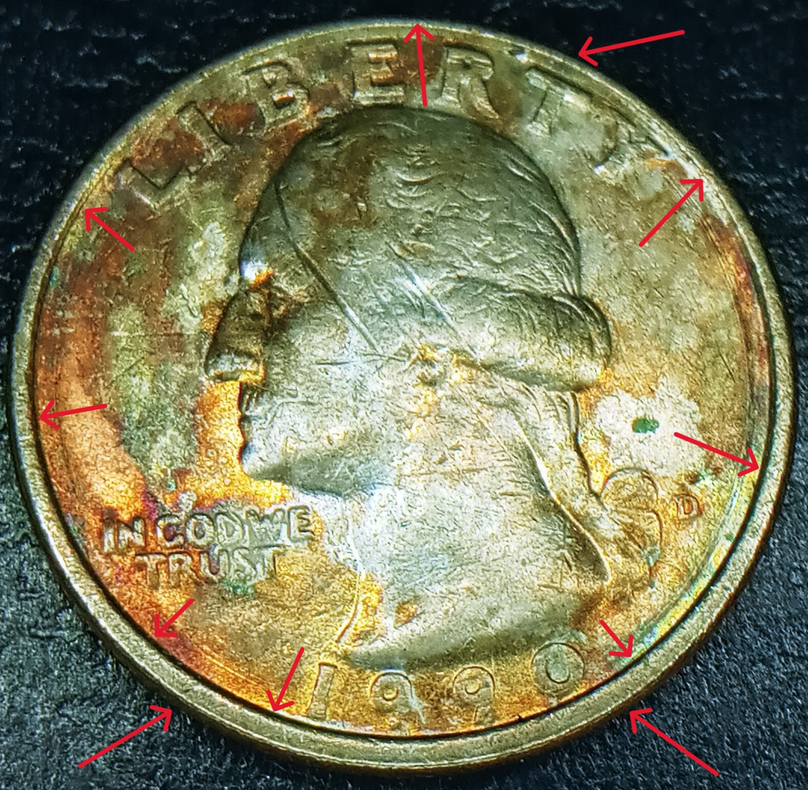 1990 D Washington Quarter Toning Both Sides Missing  Clading  Green Most Copper