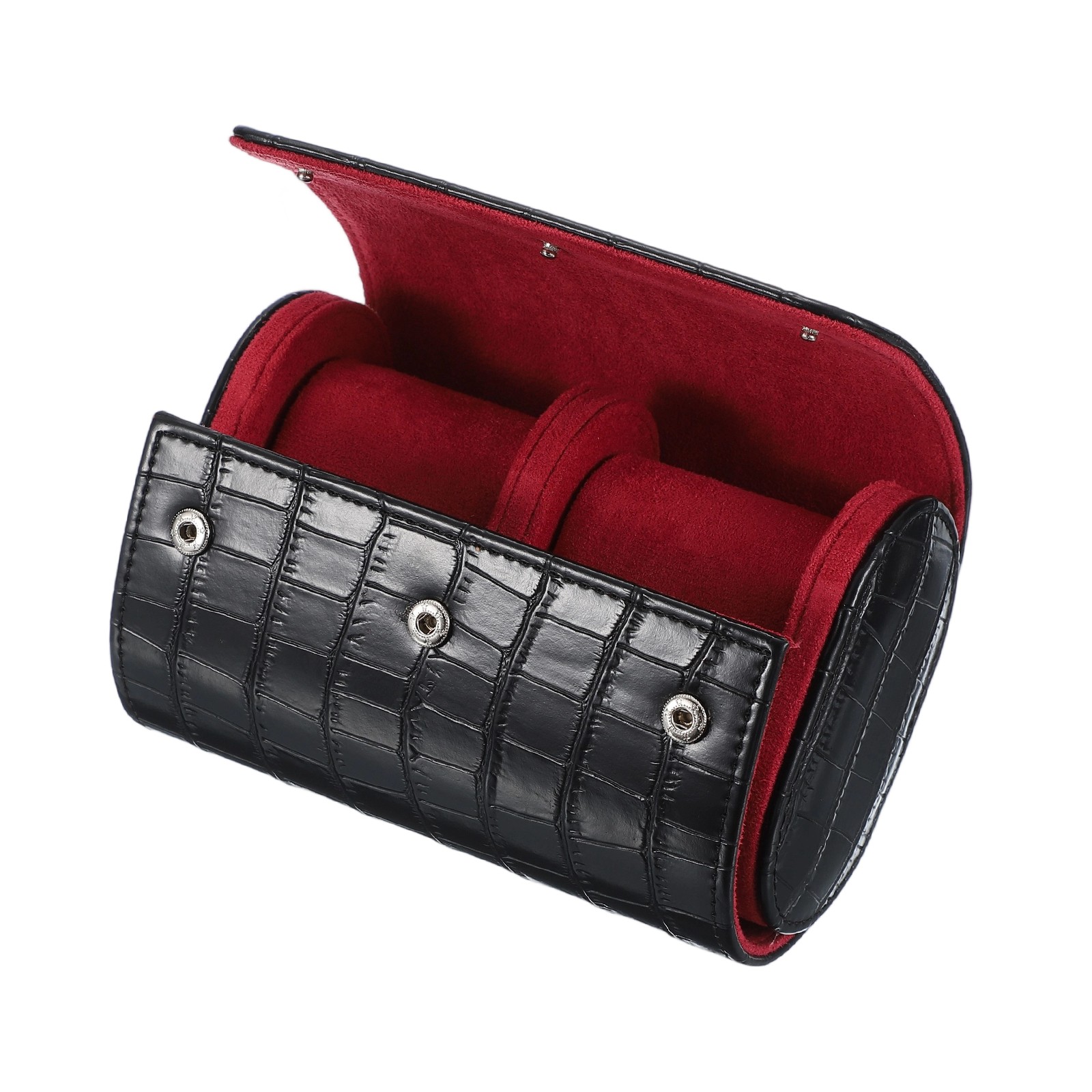 Leather Watch Travel Case Crocodile Pattern Watch Roll Box, 2 Slots (Black)