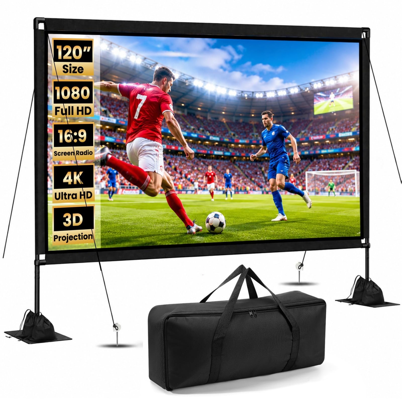 120" Portable Projector Screen 16:9 4K HD with Stand & Carry Bag for Outdoor/Ind