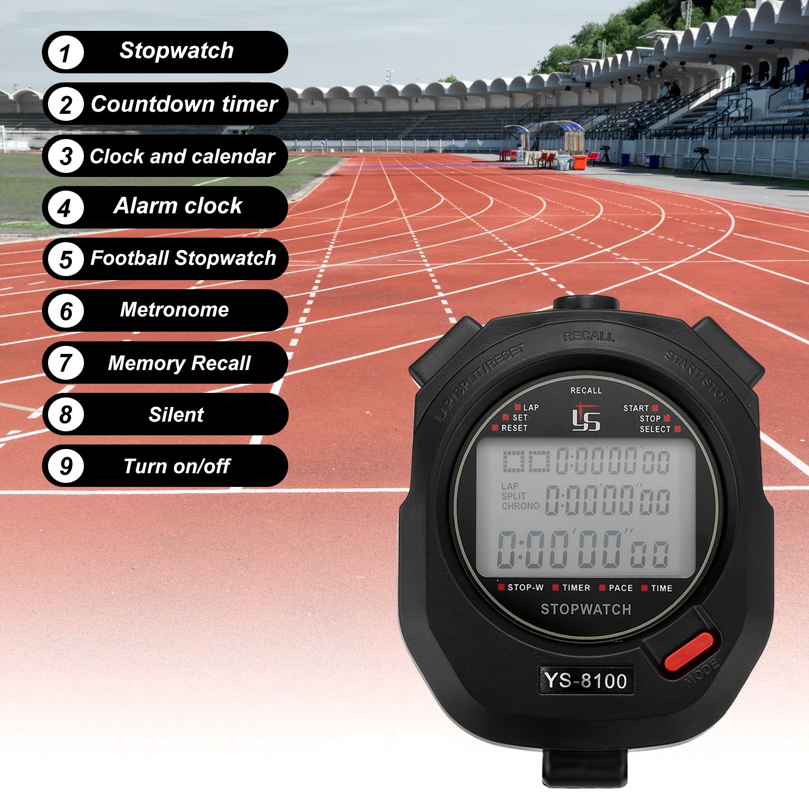 Professional Sport Stopwatch Timer 100 Lap Memory 0.01 Second Timing Black