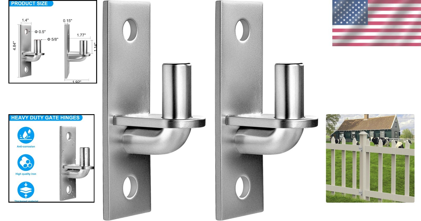 Easy Install Heavy Duty Wall Plate Gate Hinges - 2 Pack for Farm & Chain Link