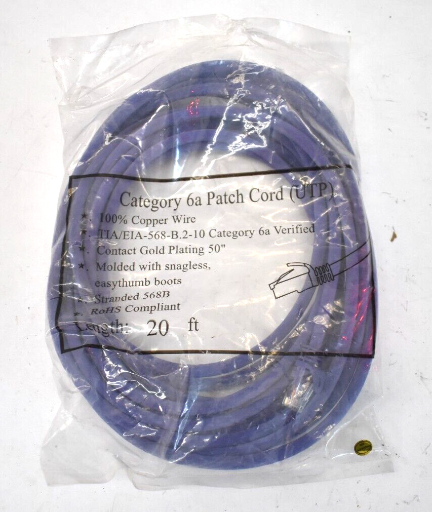 Category 6a Patch Cord UTP Copper Wire 20' Easy Thumb Boots Blue Stranded