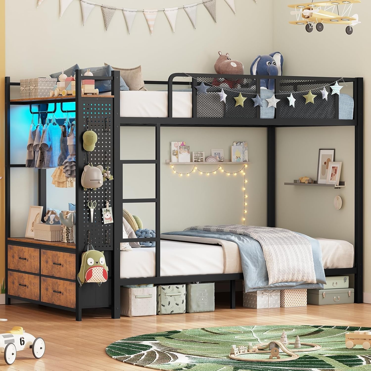 Metal Bunk Bed Twin Over Twin with Hall Tree, LED Bunk Bed with 4 Storage Drawer