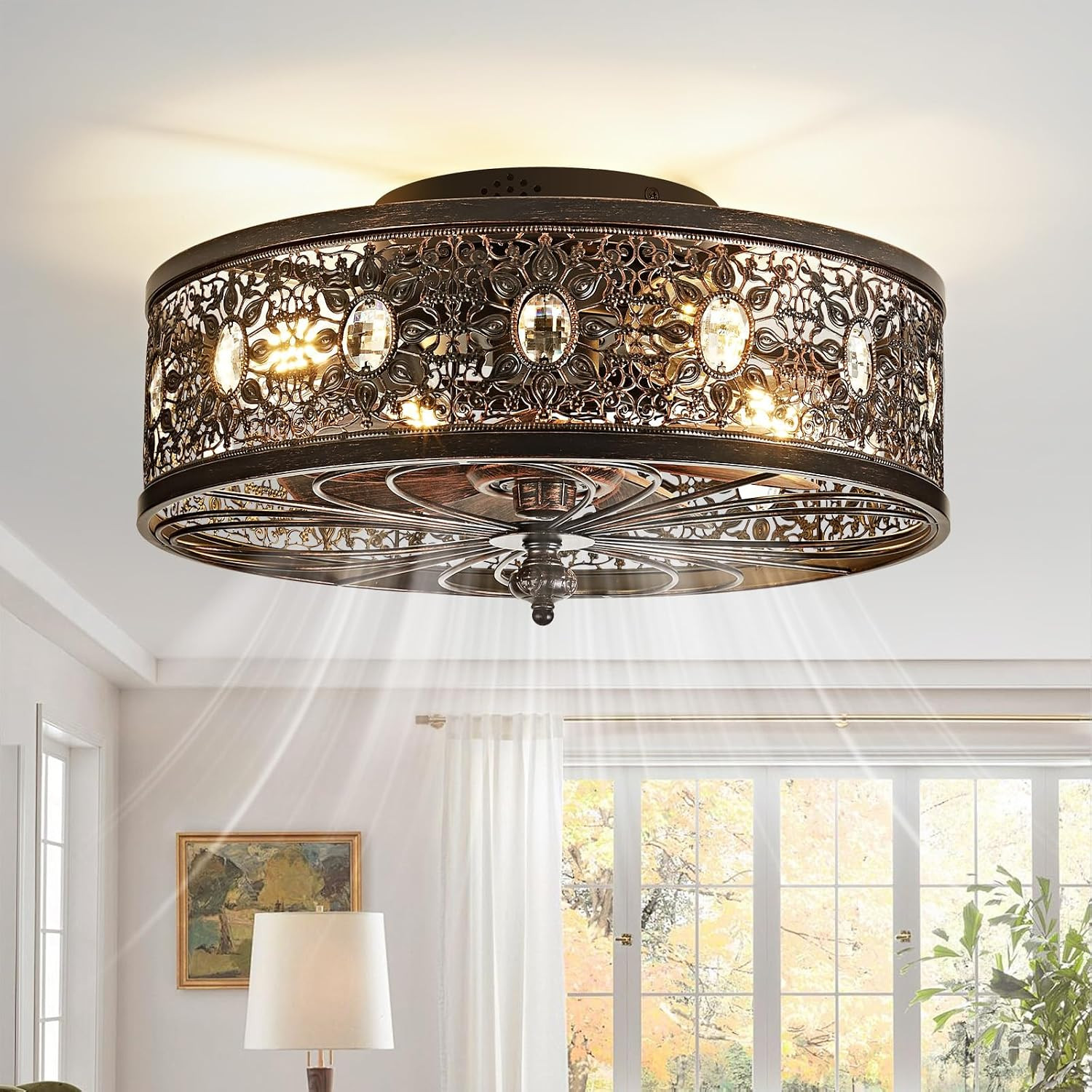 Caged Ceiling Fan with Light 18 Inch Small Low Profile Flush Mount Farmhouse Cry