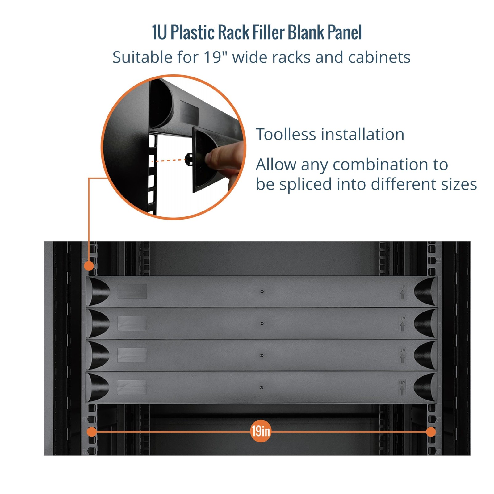 10 Pack 1U Black Plastic Blank Panel, Rack Mount, 19 in Server Rack, Toolless