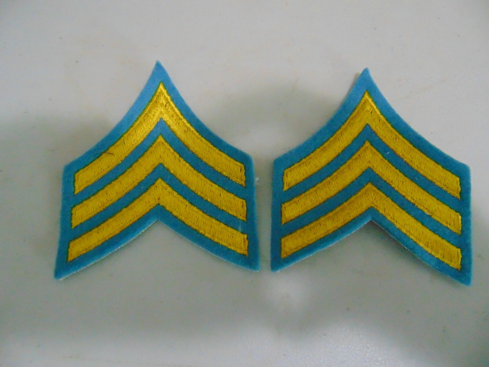 MILITARY POLICE OR FIRE PATCH SET OF 2 SEW ON SERGEANT STRIPES YELLOW ON BLUE