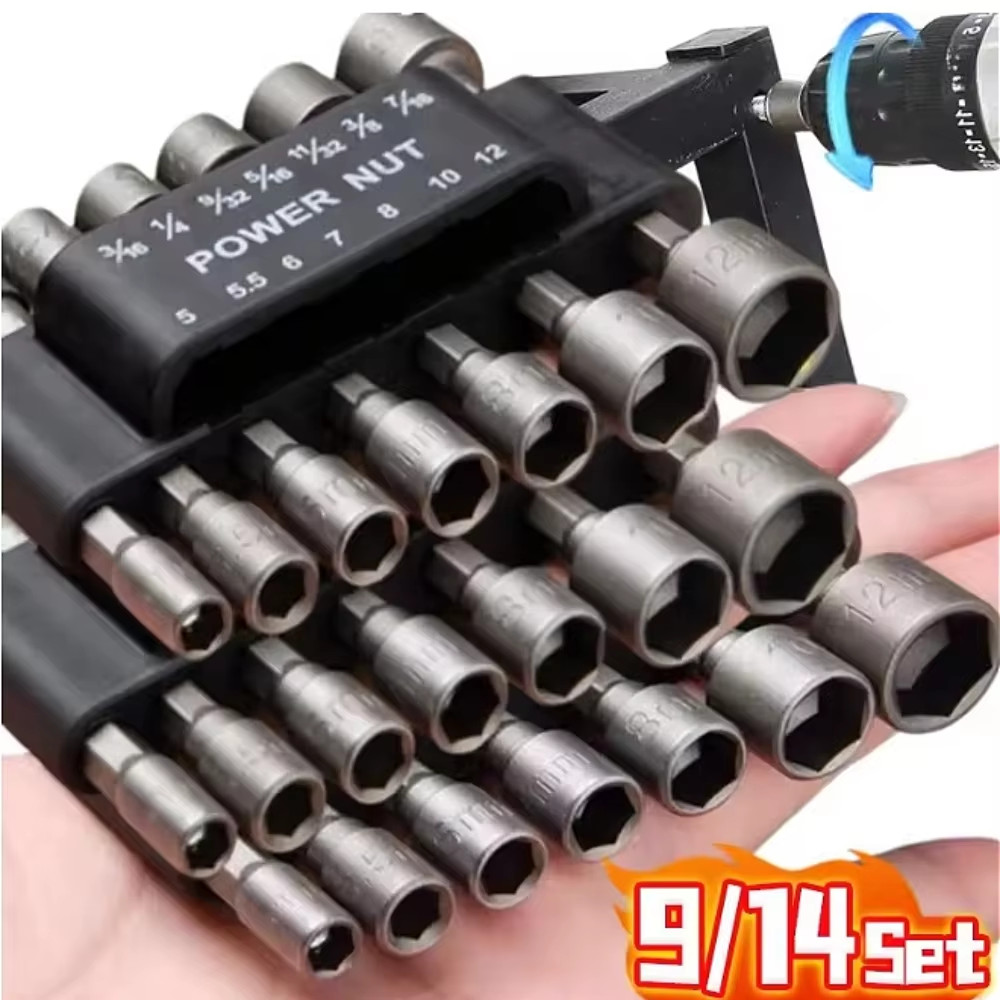 Power Nut Driver Bit Set Quick Change MM & SAE Impact 1/4" Hex Shank USA