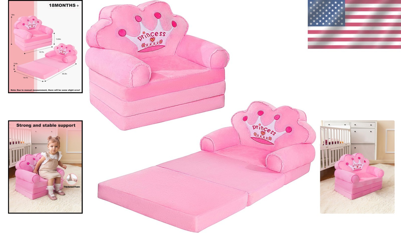 Foldable Princess Chair for Toddlers 1-3 - Cozy Pink Kids Couch Perfect for Play
