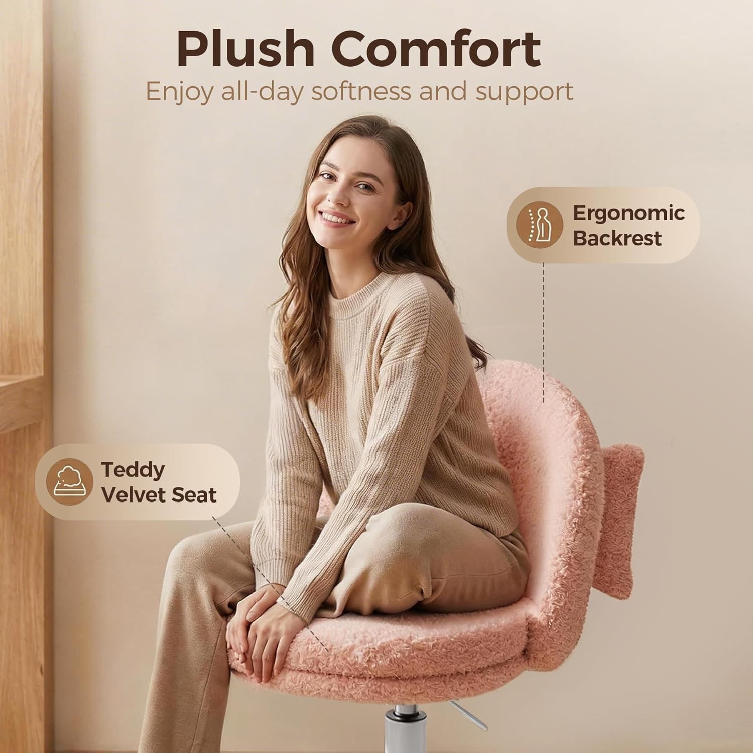Vanity Chair W/ Back Adjustable Tall Office Chair High Swivel Bar Stools Fluffy