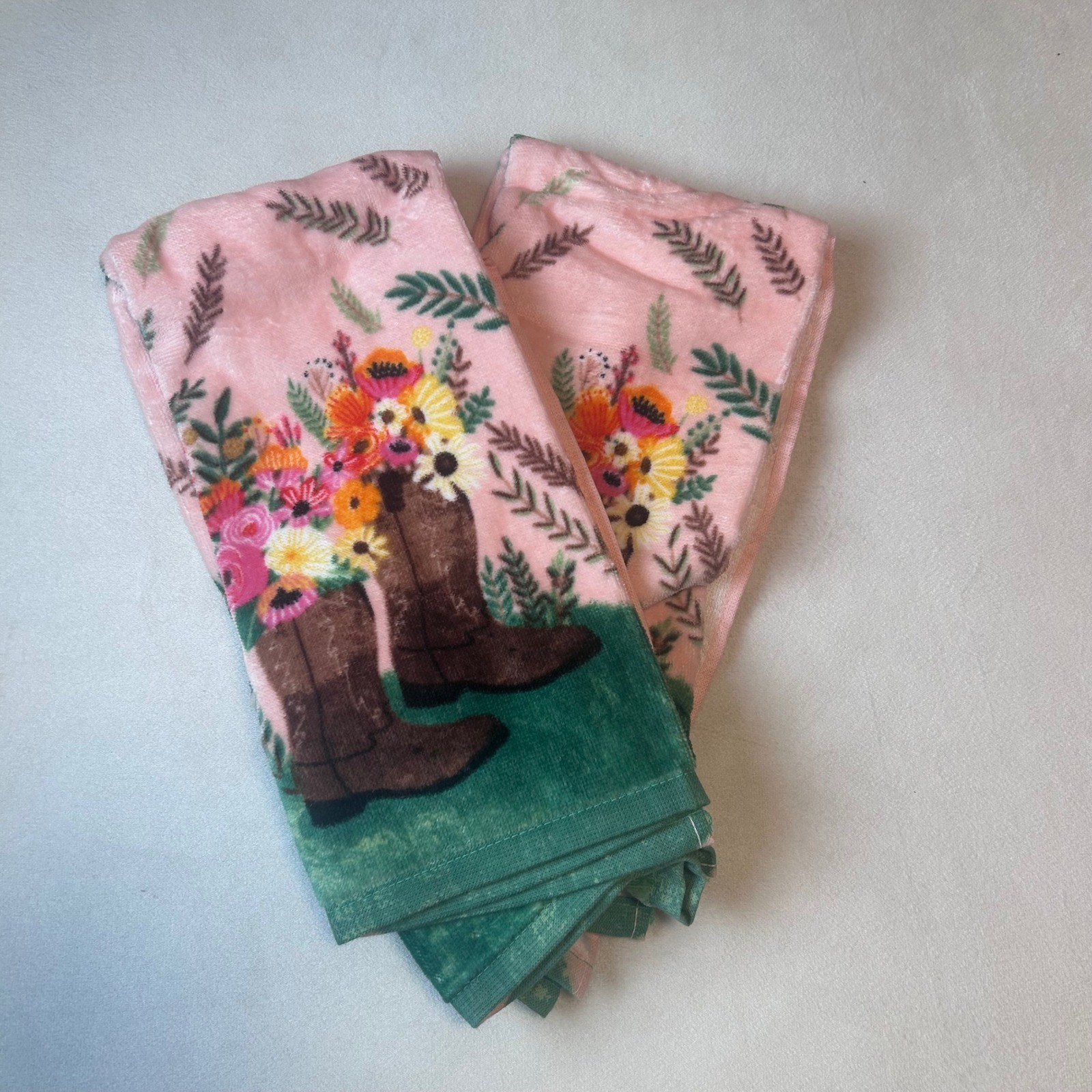 Floral Cowboy Boots Kitchen Towels Pink Set of 2 Cottagecore Western MIA Charro