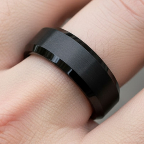 8mm Black Tungsten Wedding Band – Flat Brushed Center Polished Beveled Ring