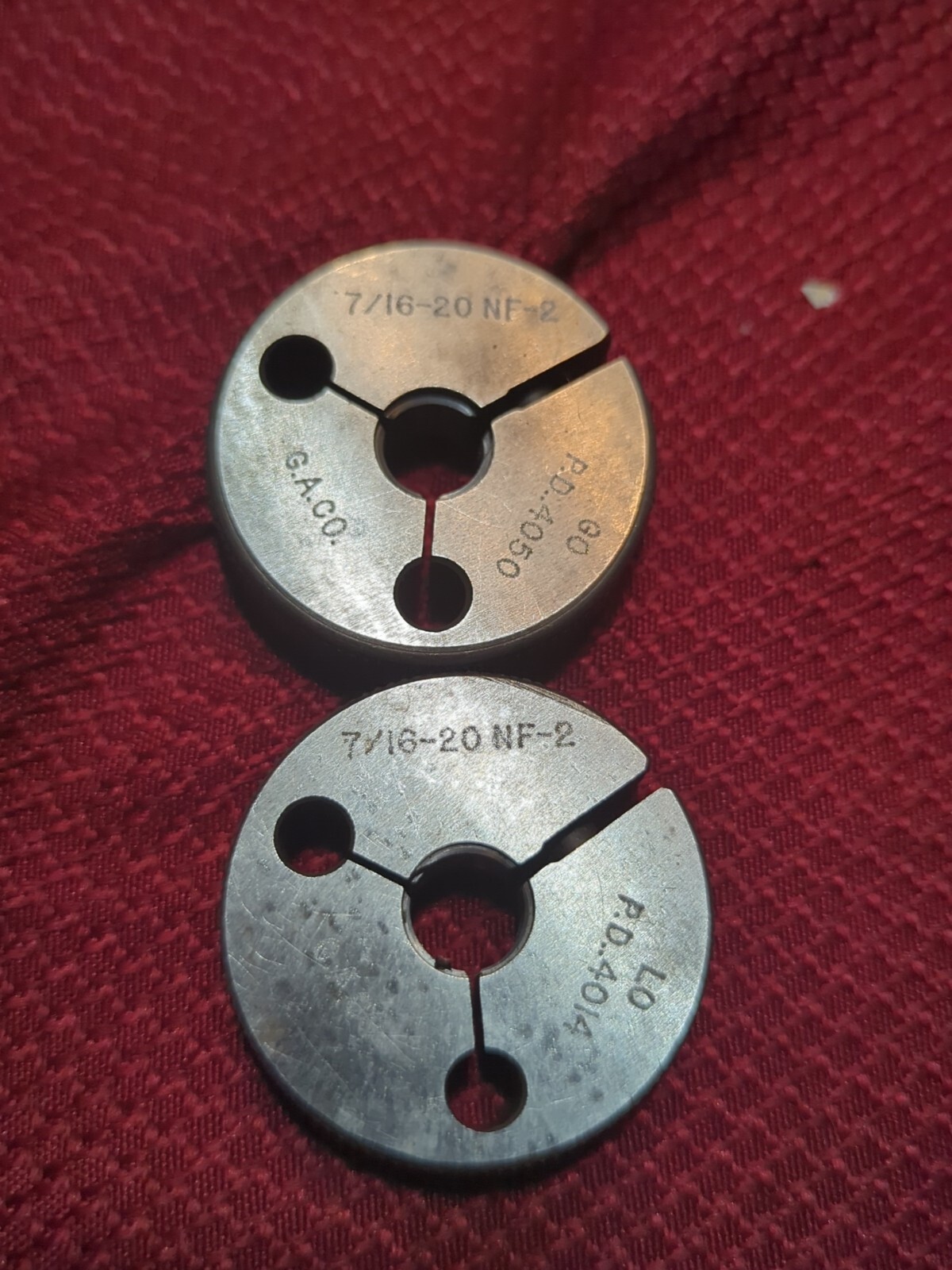 G.A.CO. 7/16 20 NF 2 THREAD RING GAGES GO PD .4050 NO GO PD .4014 (RG18)