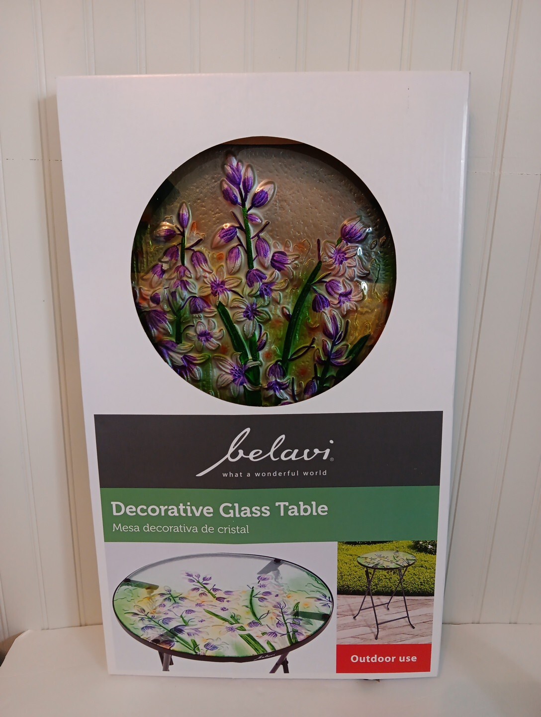 Belavi Hand Painted Glass Table Patio Outdoor Purple Floral Dia 14" Height 19.5"
