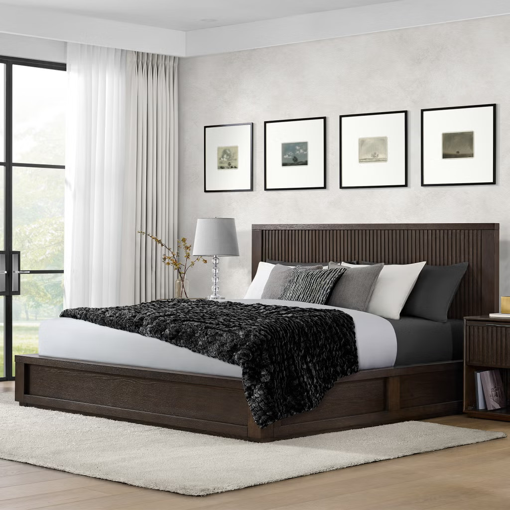 King Size Wood Bed Frame Oak Veneers Hand Applied Dark Brown Finish