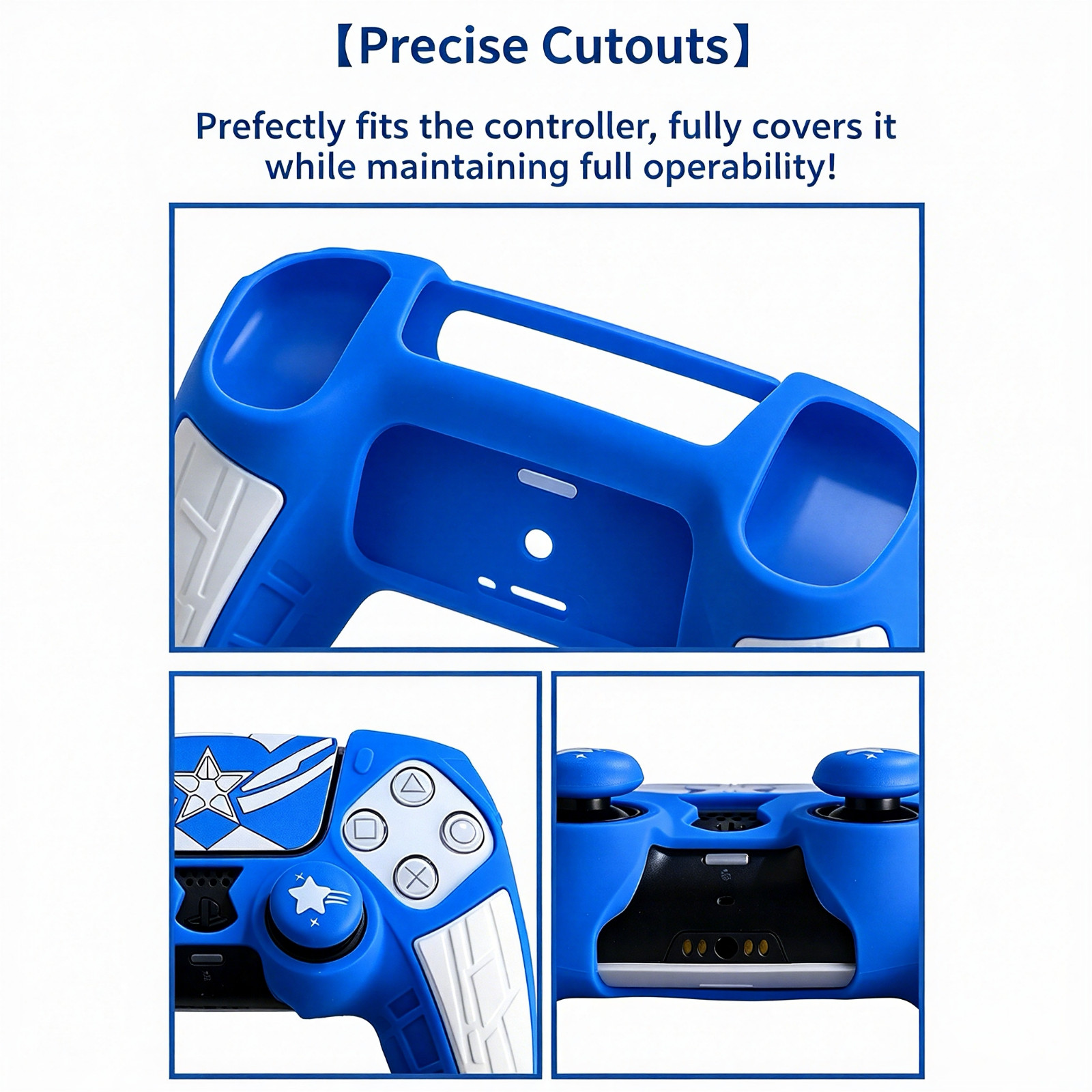 PS5 Controller Silicon Cover (Blue & White) with 4 Grip Caps, 2 Stickers
