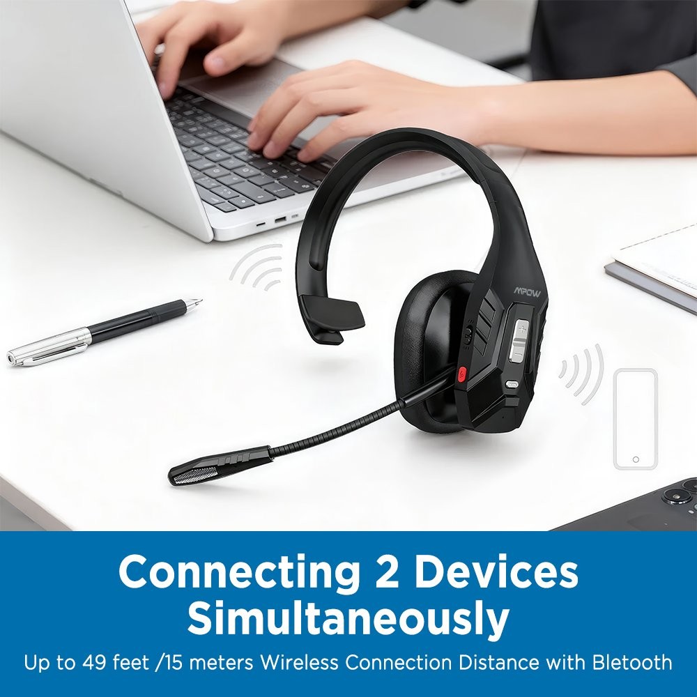 Mpow DH10 Bluetooth Wireless Headphone Noise Canceling Over Head Trucker Headset
