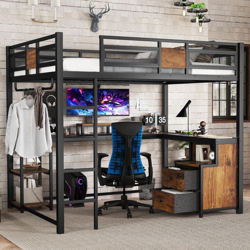 Queen Loft Bed with Desk and Storage Non-woven Fabric Drawers, Metal Loft Bed