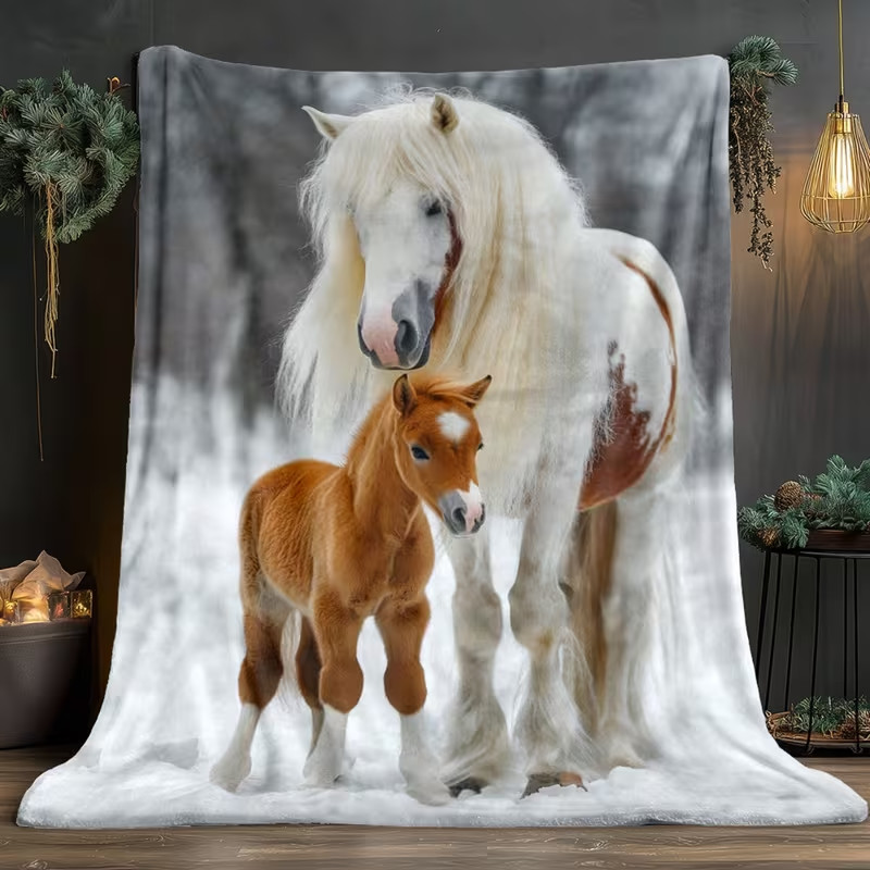 White Horse and Foal in Snowflake Pattern HD Printed Blanket Lightweight Flannel