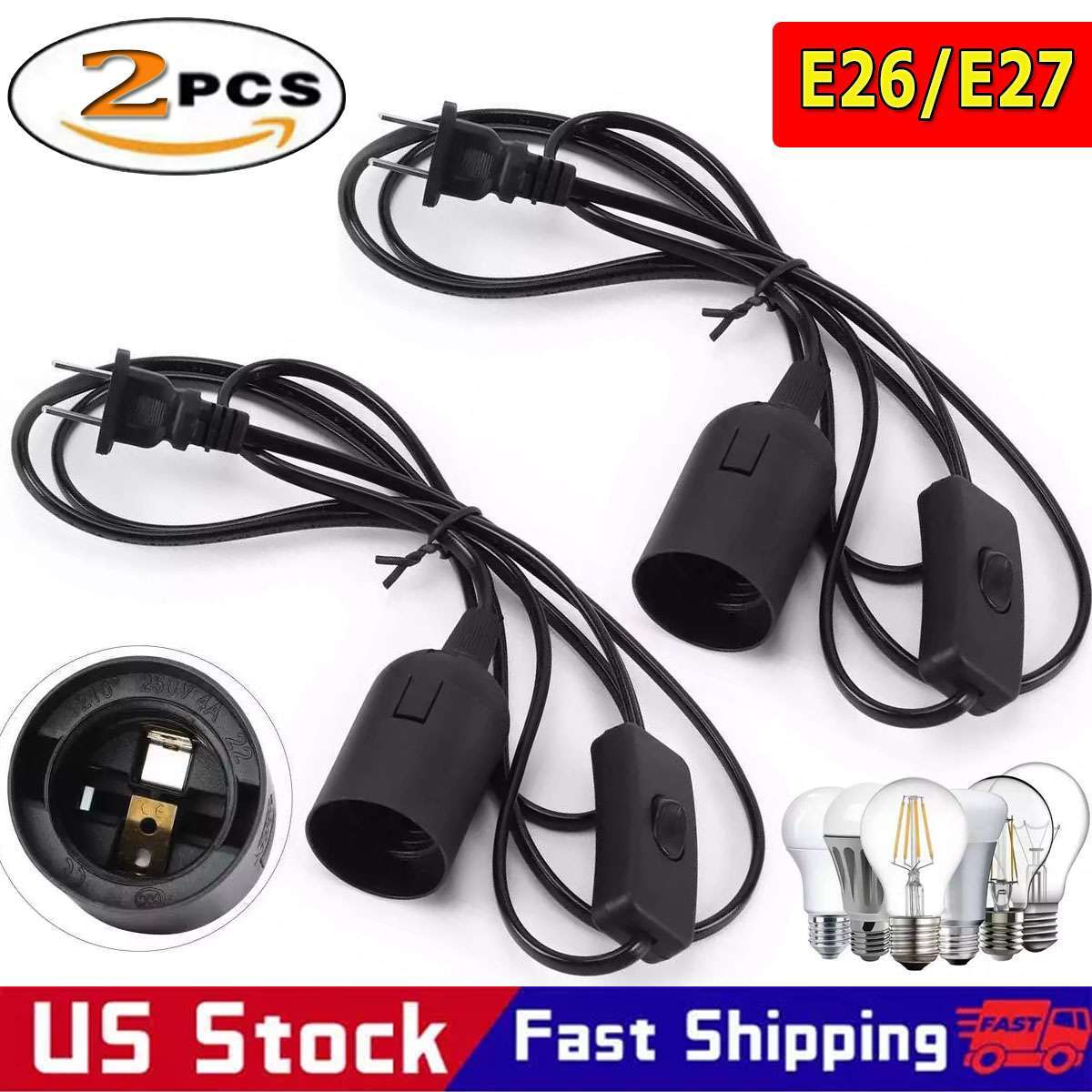 2X E26 E27 Light Bulb Socket to Wall Outlet Plug Adapter On/Off Switch 6FT Cord