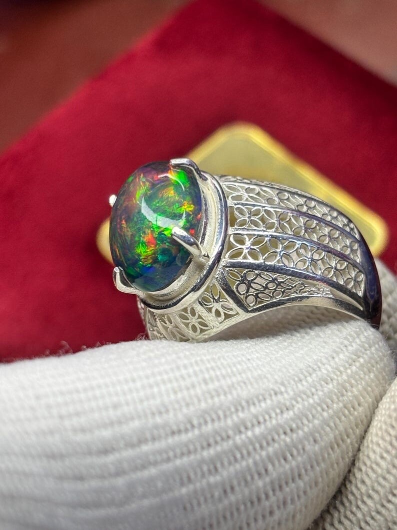 High Fire Natural Black Opal Ring, Fire Black Opal Men’s Ring, Ring For Men