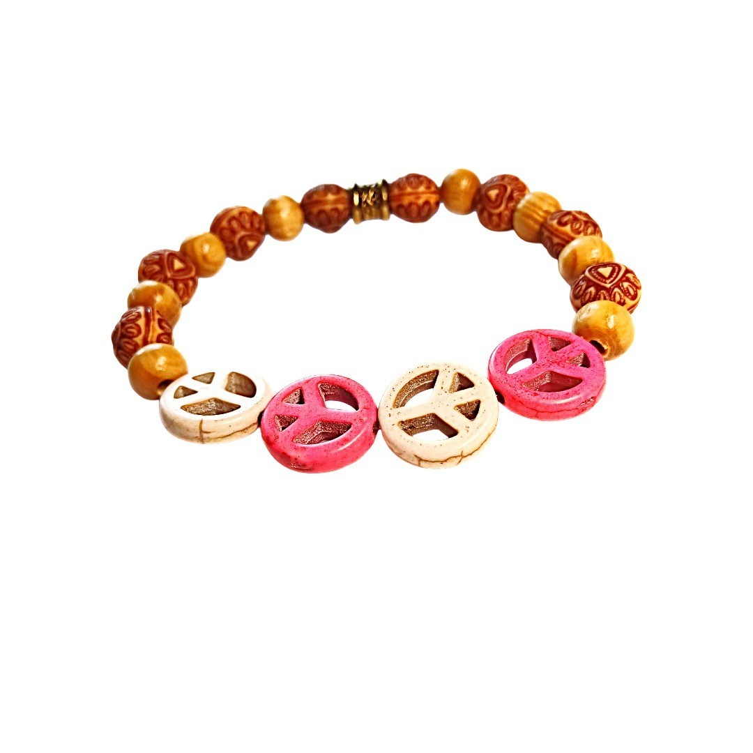 Fashionable Wood Beaded Bracelet-Peace Charms
