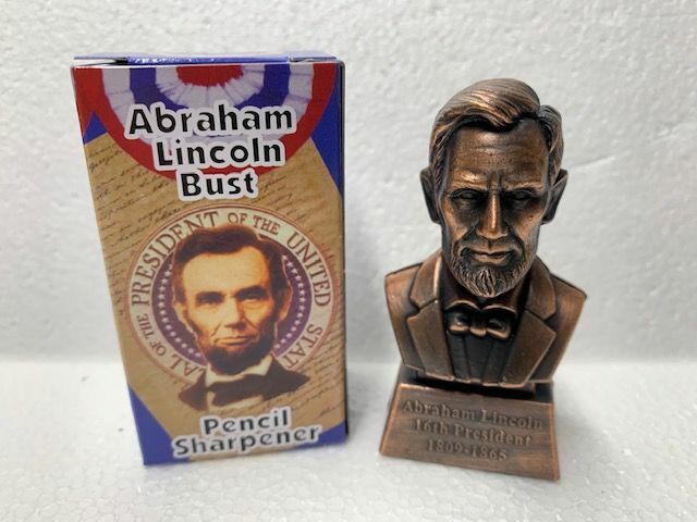 ABE LINCOLN BRONZE DIE CAST METAL COLLECTIBLE PENCIL SHARPENER NEW / BOX