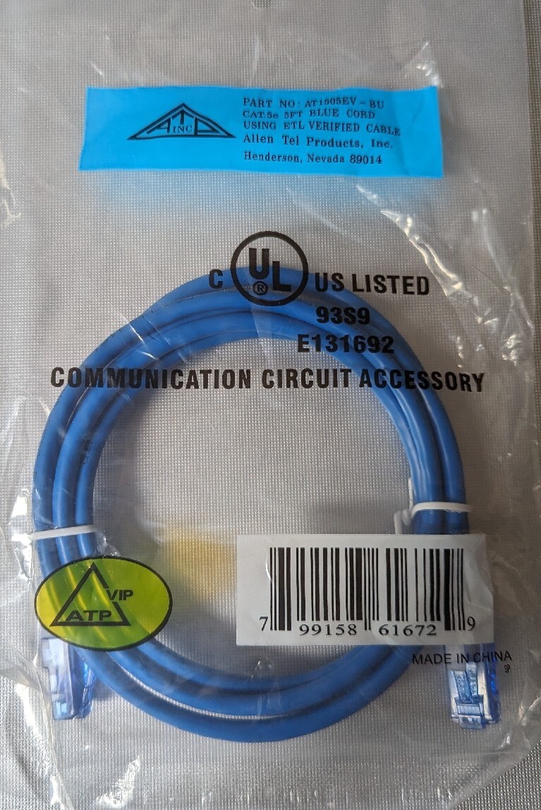 Allen Tel Products, AT1505EVBU, Cat 5e 5 Ft Blue Cord Using ETL Verified Cable
