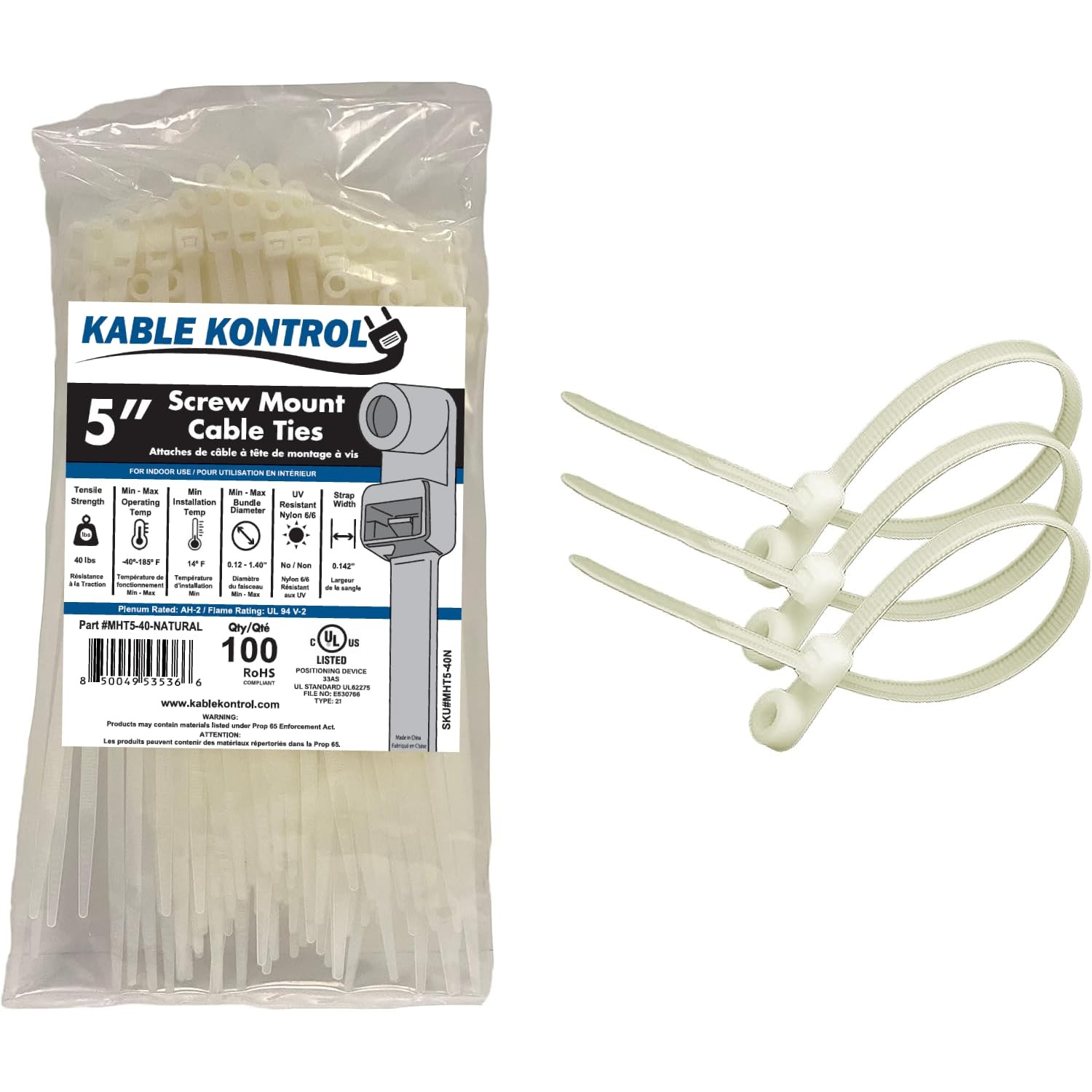 Kable Kontrol Zip Ties with Screw Hole, 5 Inch 100 Pcs Natural, 40 Lbs. Tensi...
