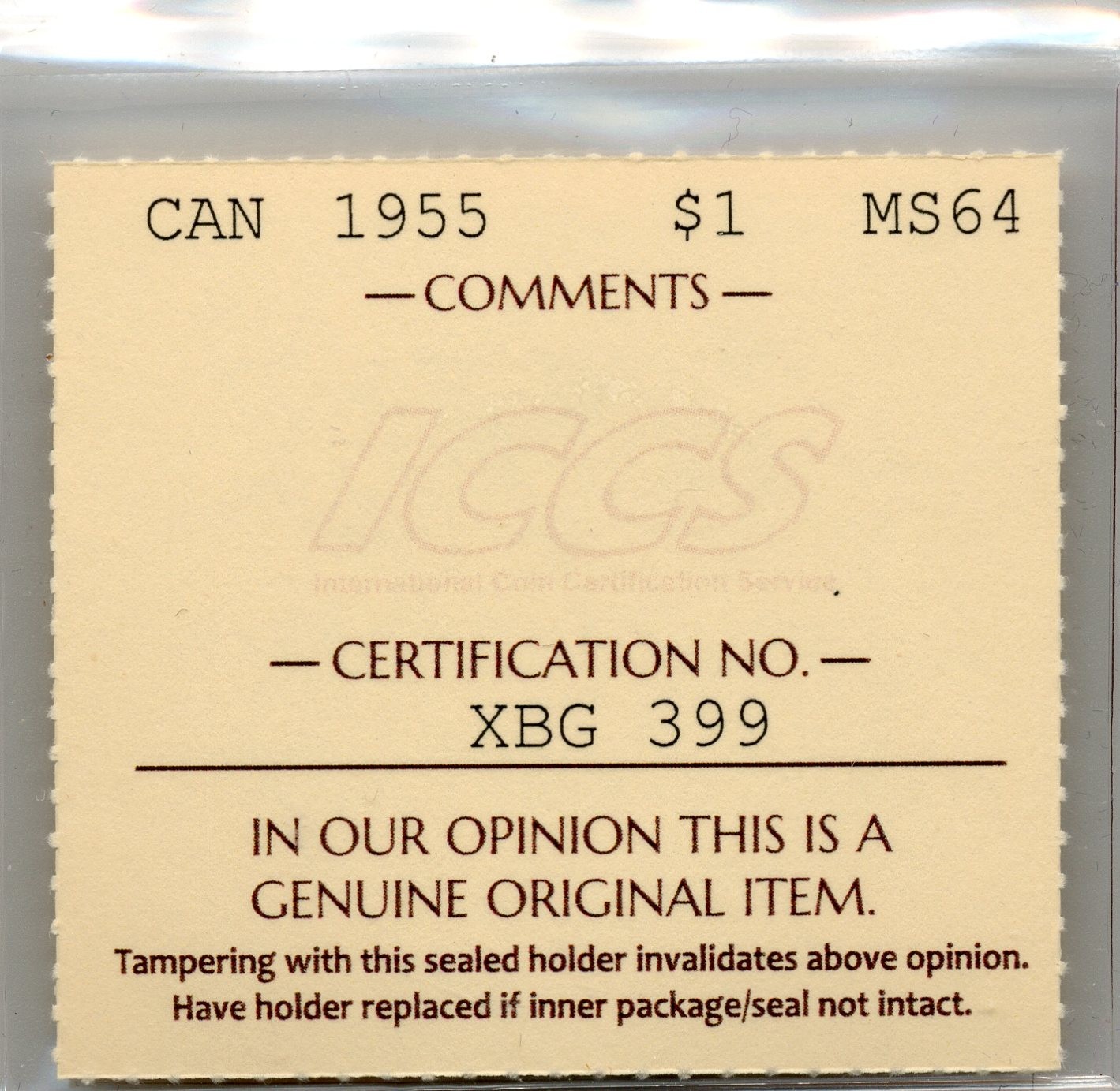 1955 Canada Silver Dollar - Choice Uncirculated, ICCS MS64