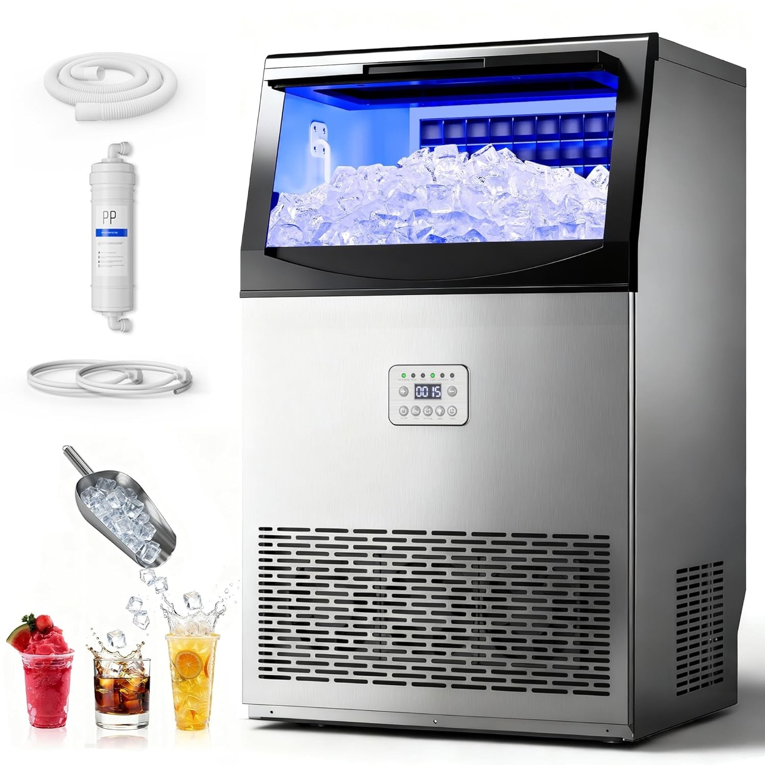 Commercial Ice Maker, 100Lbs/24H Large Ice Machine with 33Lbs Storage Capacity,